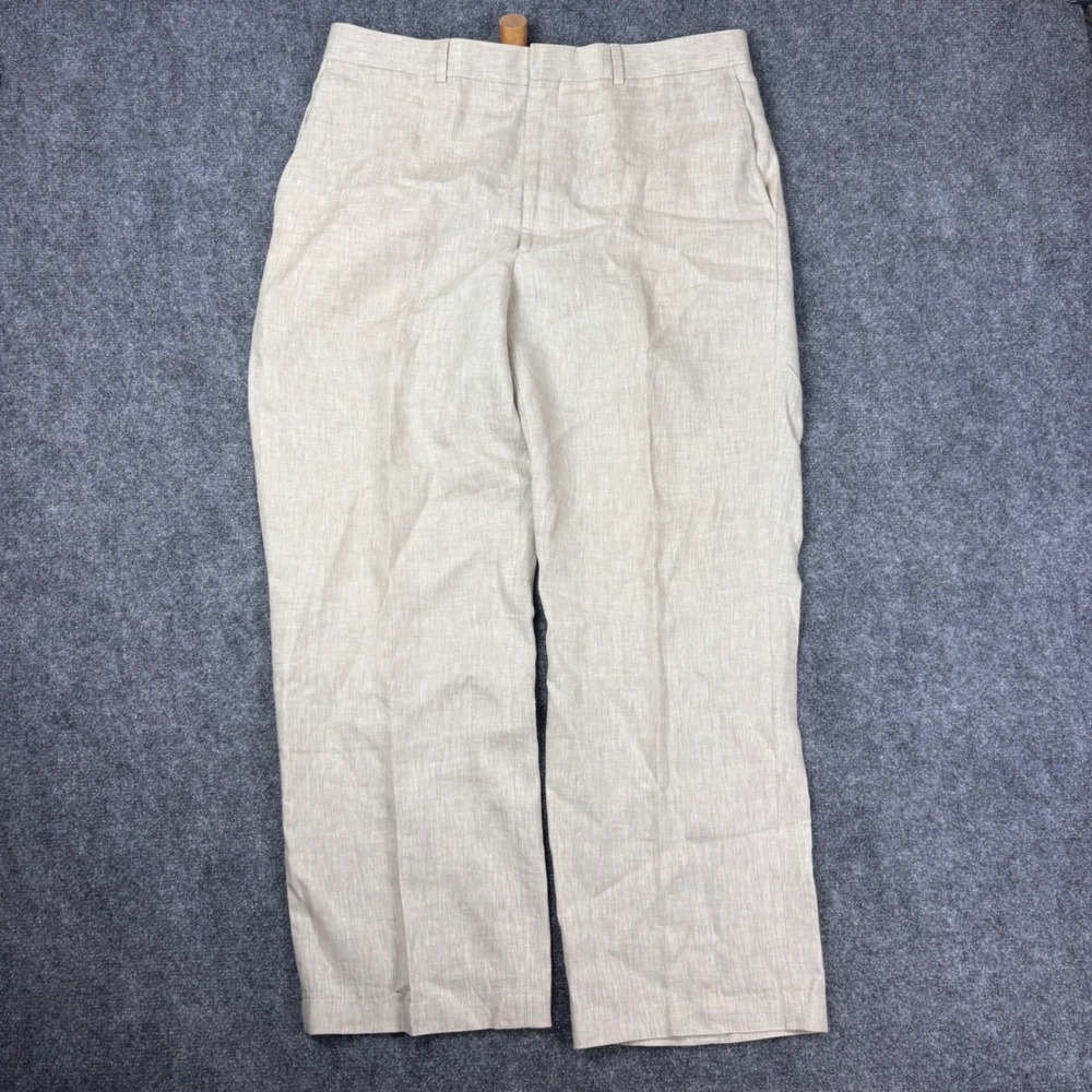 Haspel Mens 36R Oatmeal Beige 100% Linen Oxford Plain Front Trousers Pants 36x29